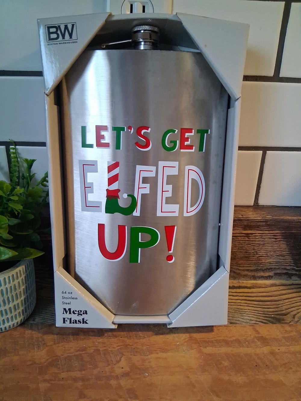 Boston Warehouse Stainless-Steel Holiday Mega Flask with Red and Green Lettering